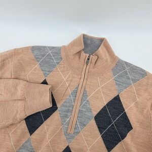 FootJoy Mens L Argyle 100% Wool Lined Quarter Zip Pullover Sweater Tan Gray